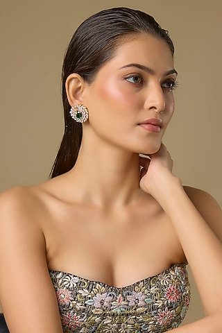 Two Tone Finish Swarovski Zircon & Emerald Stud Earrings In Sterling Silver by Aryah Jewels
