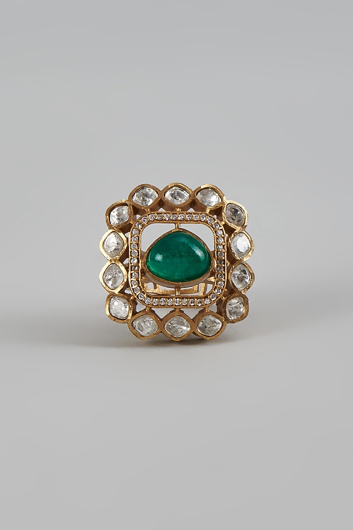 Gold Finish Uncut Stone & Emerald Ring by Aryah Jewels at Pernia's Pop Up Shop