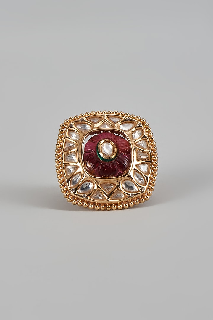 Gold Finish Uncut Stone & Ruby Ring by Aryah Jewels at Pernia's Pop Up Shop