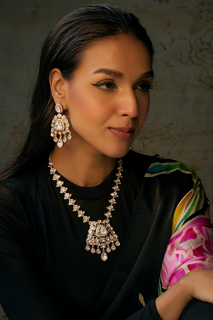 Gold Finish Uncut Stone & Ruby Long Necklace Set by Aryah Jewels at Pernia's Pop Up Shop