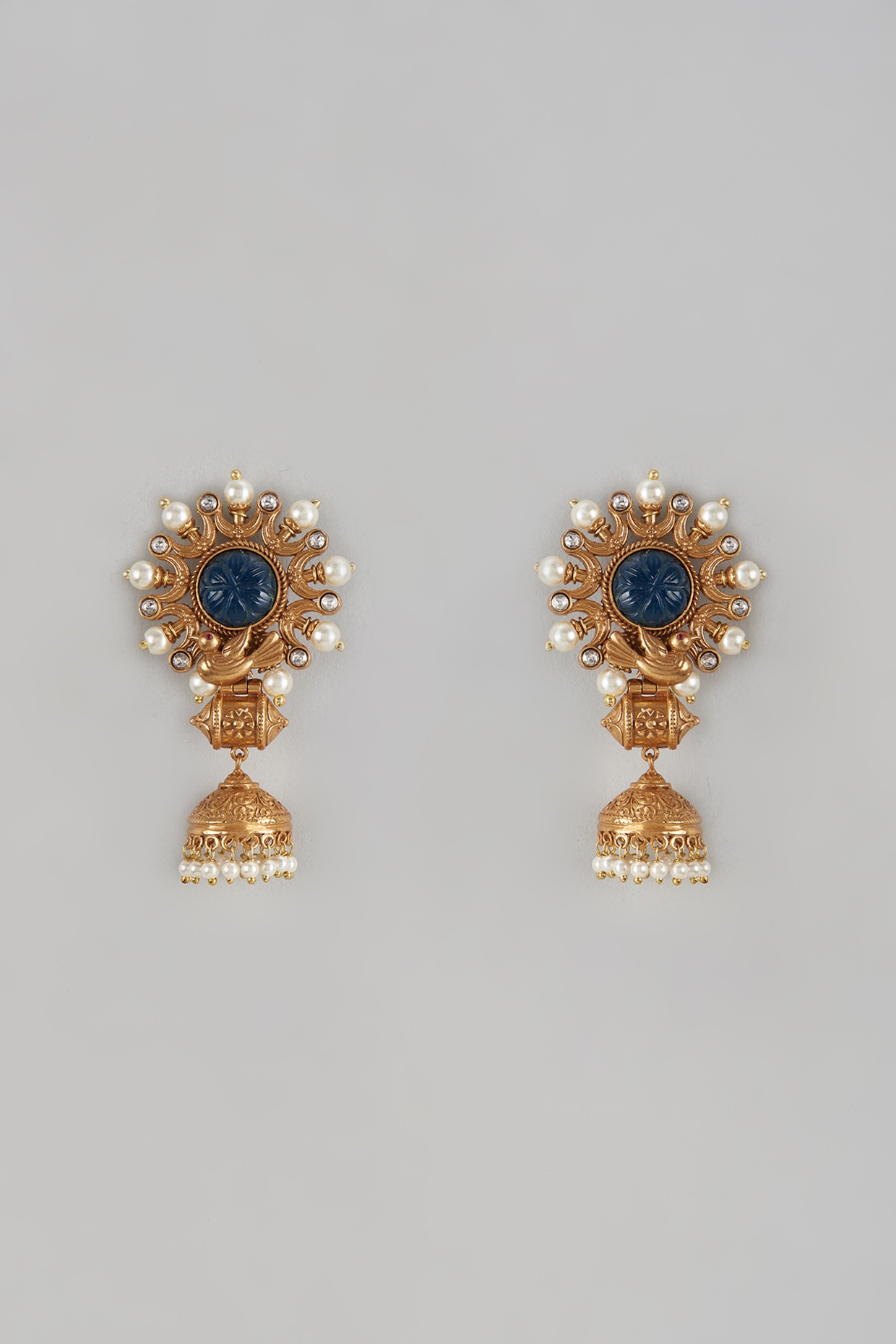 Gold Finish Kundan Polki & Light Blue Stone Jhumka Earrings