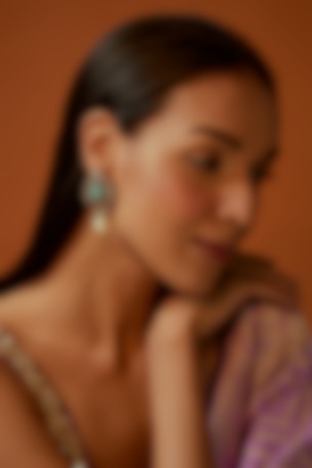 Black Rhodium Finish Aqua Blue Stone & Pearl Droplet Dangler Earrings by Aryah Jewels at Pernia's Pop Up Shop