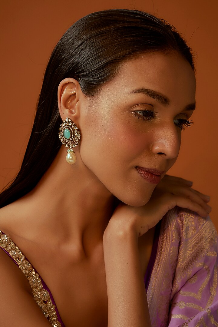 Black Rhodium Finish Aqua Blue Stone & Pearl Droplet Dangler Earrings by Aryah Jewels at Pernia's Pop Up Shop