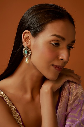 Black Rhodium Finish Aqua Blue Stone & Pearl Droplet Dangler Earrings by Aryah Jewels