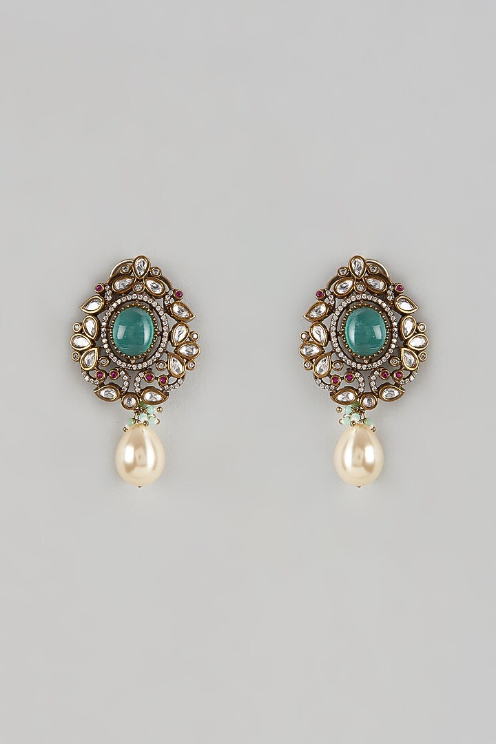 Black Rhodium Finish Aqua Blue Stone & Pearl Droplet Dangler Earrings by Aryah Jewels at Pernia's Pop Up Shop
