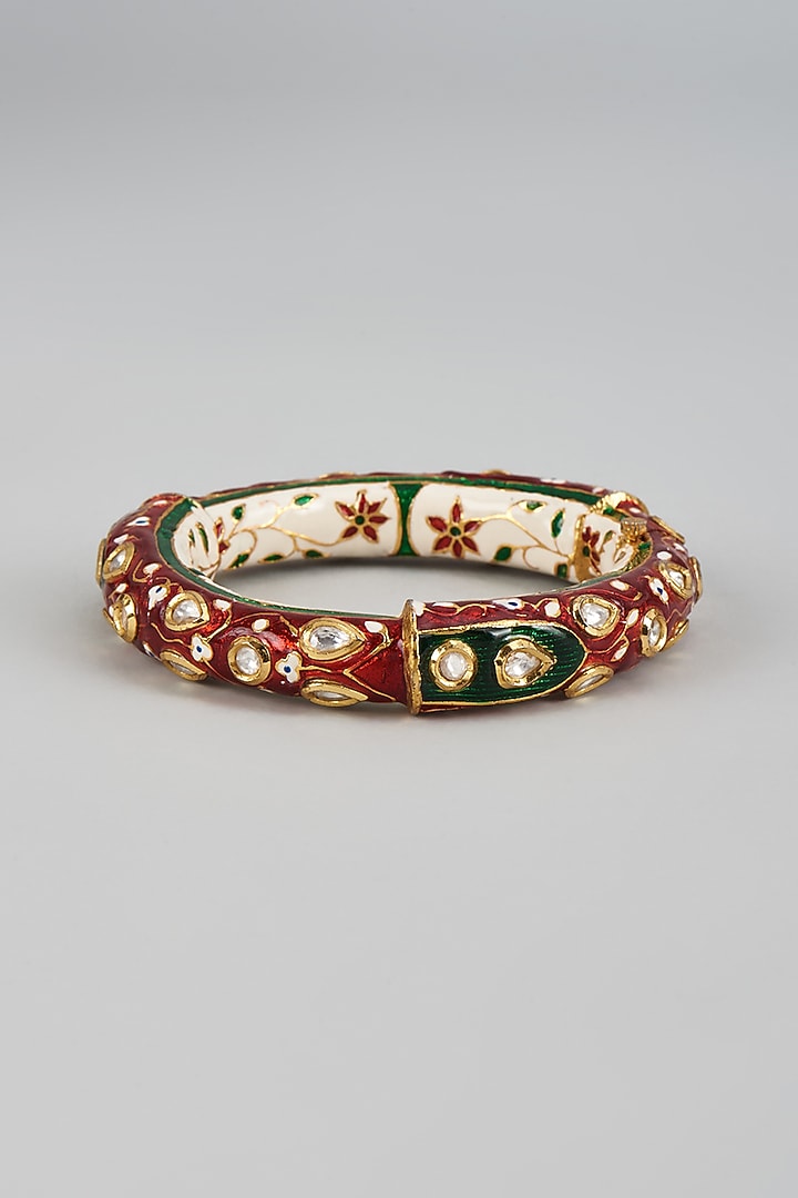 Gold Finish Kundan Polki & Uncut Stones Meenakari Bracelet by Aryah Jewels at Pernia's Pop Up Shop