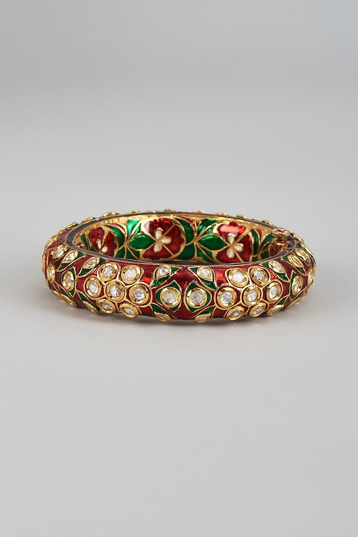 Gold Finish Kundan Polki & Uncut Stones Meenakari Bracelet by Aryah Jewels at Pernia's Pop Up Shop