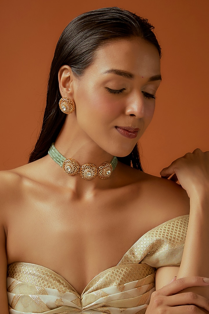 Gold Finish Kundan Polki & Light Green Beaded Choker Necklace Set by Aryah Jewels at Pernia's Pop Up Shop