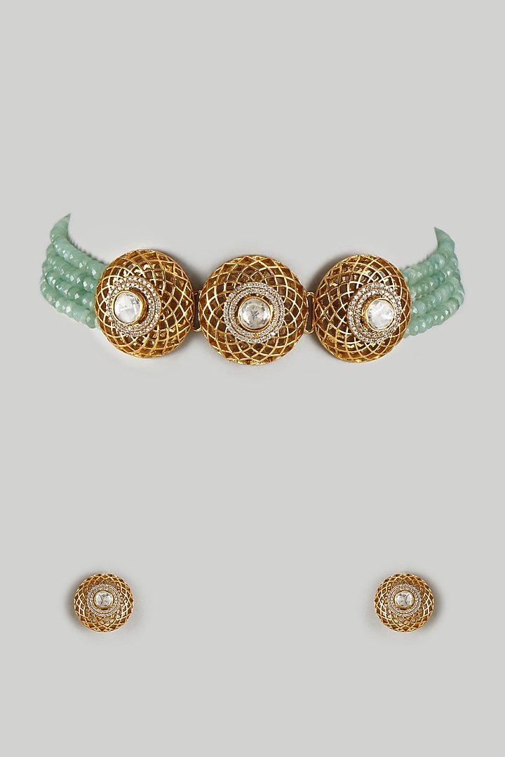 Gold Finish Kundan Polki & Light Green Beaded Choker Necklace Set by Aryah Jewels at Pernia's Pop Up Shop