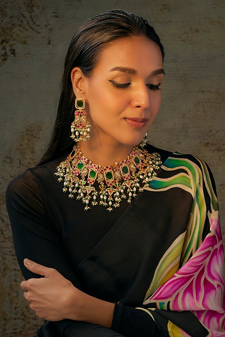 Gold Finish Kundan Polki & Jadau Stone Choker Necklace Set by Aryah Jewels at Pernia's Pop Up Shop