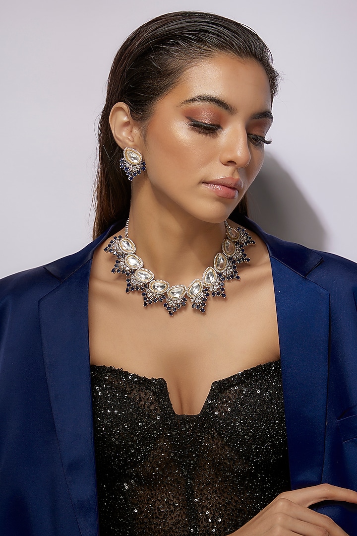 Black Rhodium Finish Blue Stone & Uncut Stone Necklace Set by Aryah Jewels at Pernia's Pop Up Shop