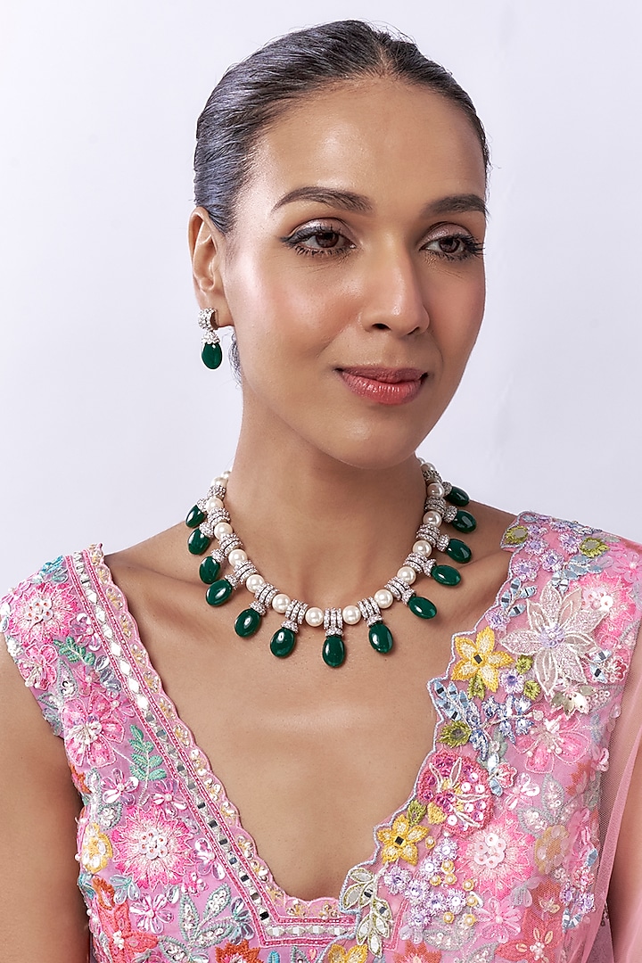 White Finish Zircon & Green Beaded Choker Necklace Set by Aryah Jewels at Pernia's Pop Up Shop