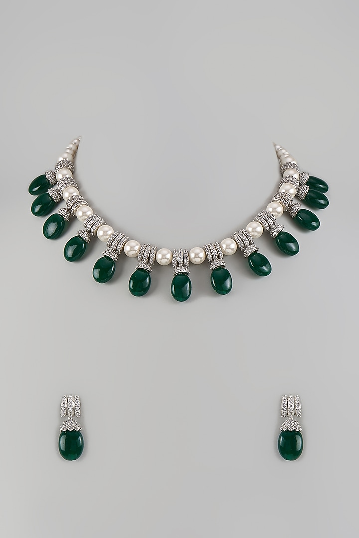 White Finish Zircon & Green Beaded Choker Necklace Set by Aryah Jewels at Pernia's Pop Up Shop
