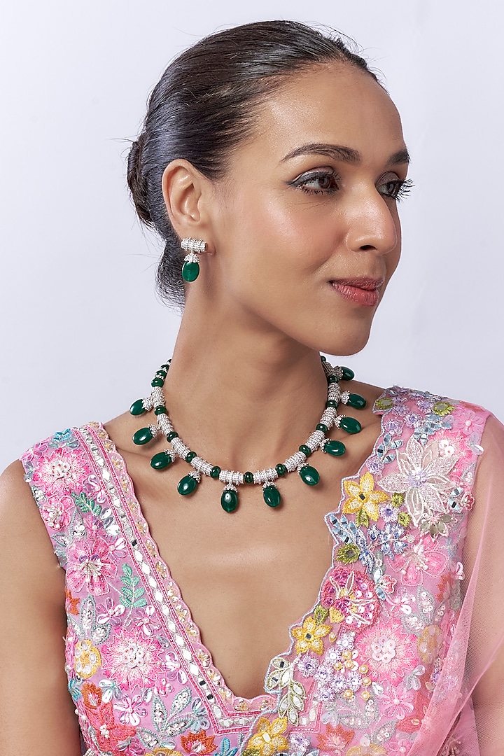 White Finish Zircon & Green Beaded Choker Necklace Set by Aryah Jewels at Pernia's Pop Up Shop