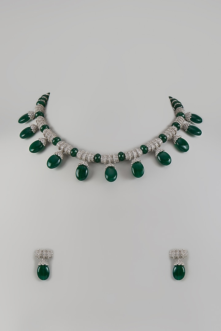 White Finish Zircon & Green Beaded Choker Necklace Set by Aryah Jewels at Pernia's Pop Up Shop