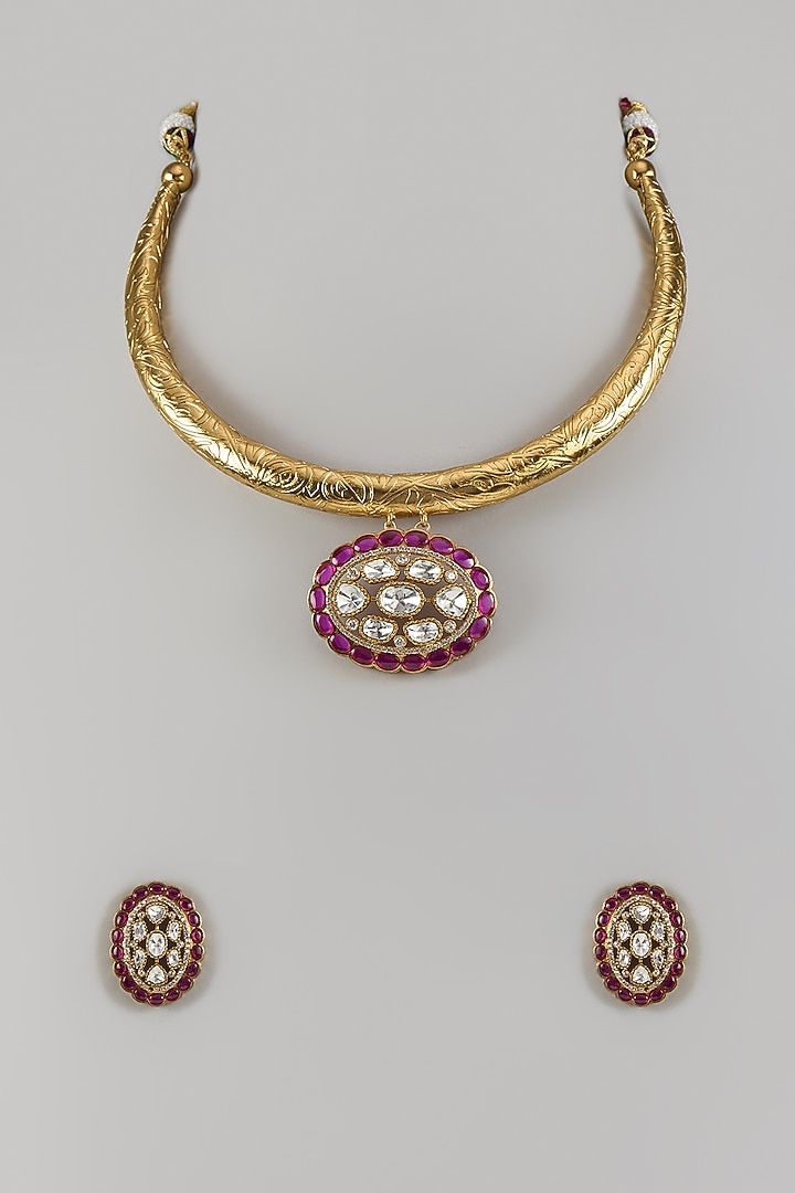 Gold Finish Uncut Zircon & Ruby Synthetic Stone Choker Necklace Set by Aryah Jewels at Pernia's Pop Up Shop