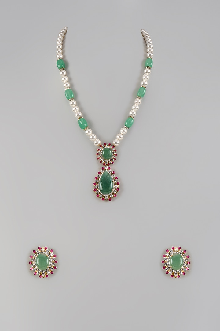 Gold Finish Uncut Zircon & Mint Green Synthetic Stone Long Necklace Set by Aryah Jewels at Pernia's Pop Up Shop