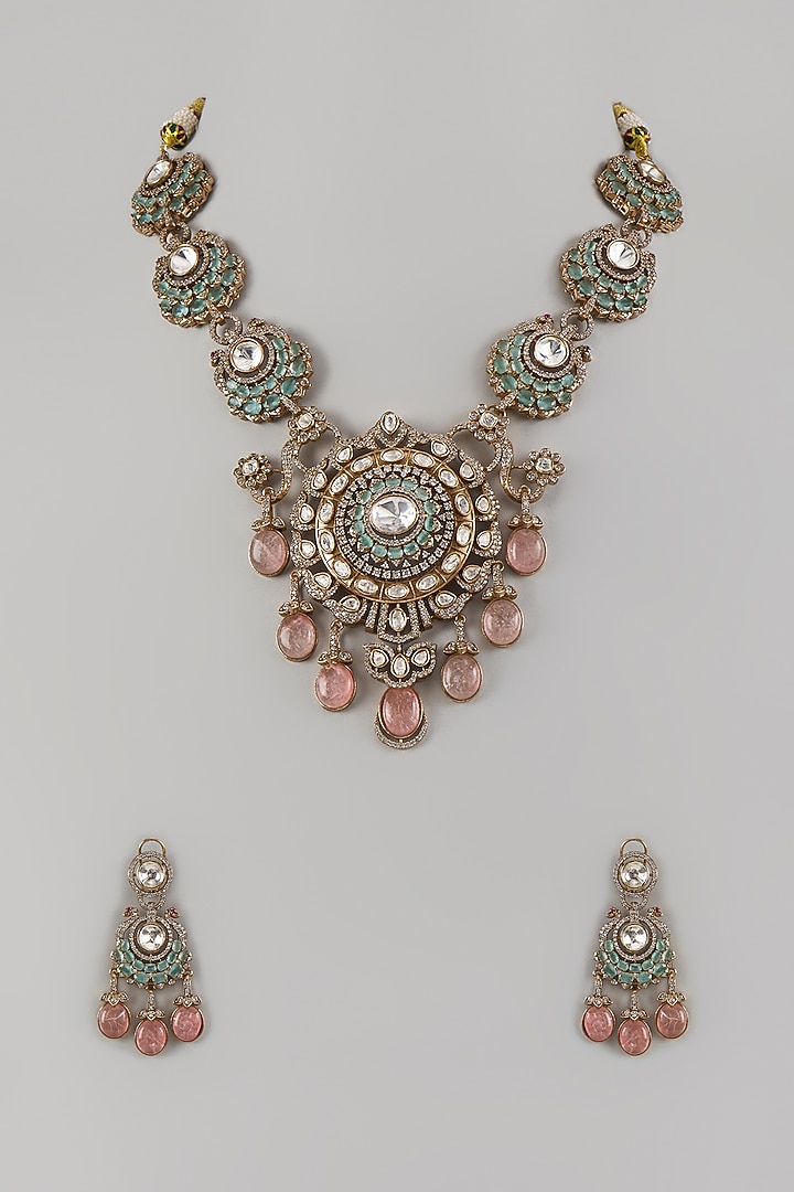 Antique Gold Finish Uncut Zircon & Emerald Stone Long Necklace Set by Aryah Jewels at Pernia's Pop Up Shop