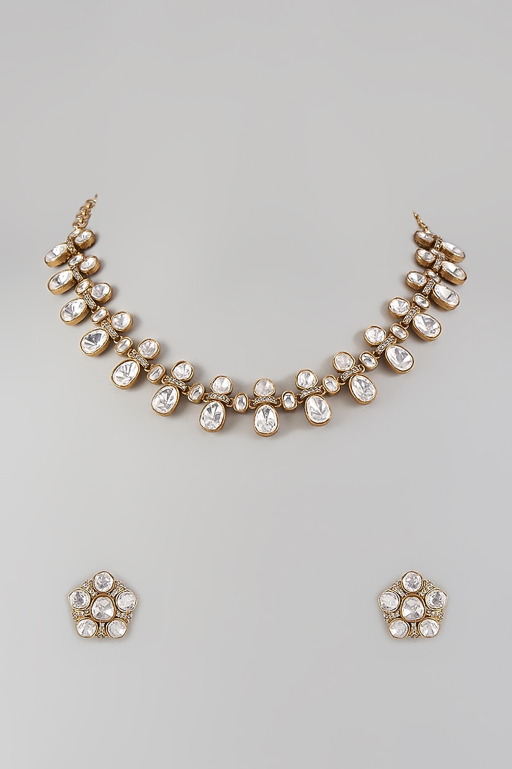 Gold Finish Uncut Zircon Choker Necklace Set by Aryah Jewels at Pernia's Pop Up Shop