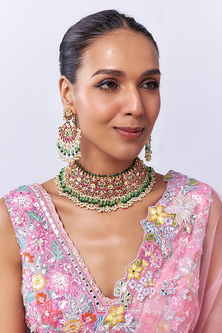 Gold Finish Multi-Colored Kundan Polki & Moti Choker Necklace Set by Aryah Jewels at Pernia's Pop Up Shop