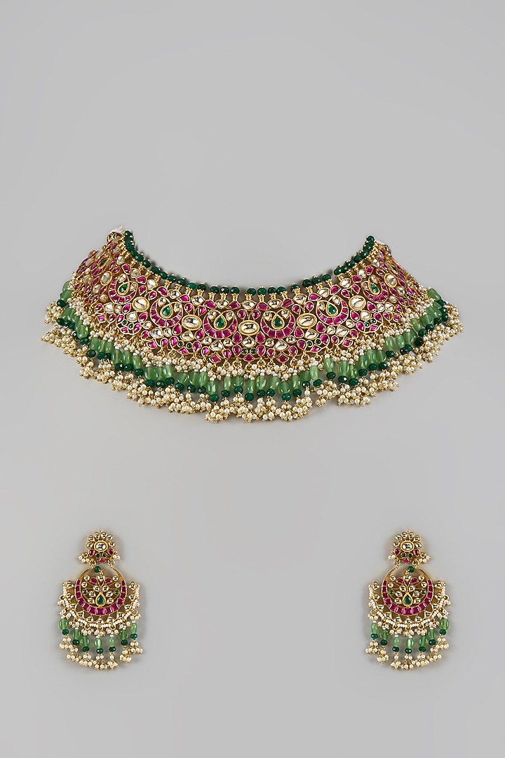 Gold Finish Multi-Colored Kundan Polki & Moti Choker Necklace Set by Aryah Jewels at Pernia's Pop Up Shop