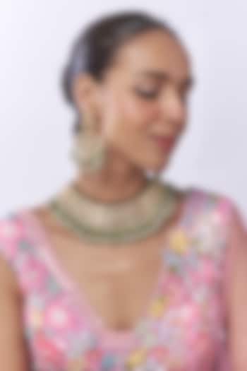 Gold Finish Multi-Colored Moti & White Kundan Polki Choker Necklace Set by Aryah Jewels at Pernia's Pop Up Shop