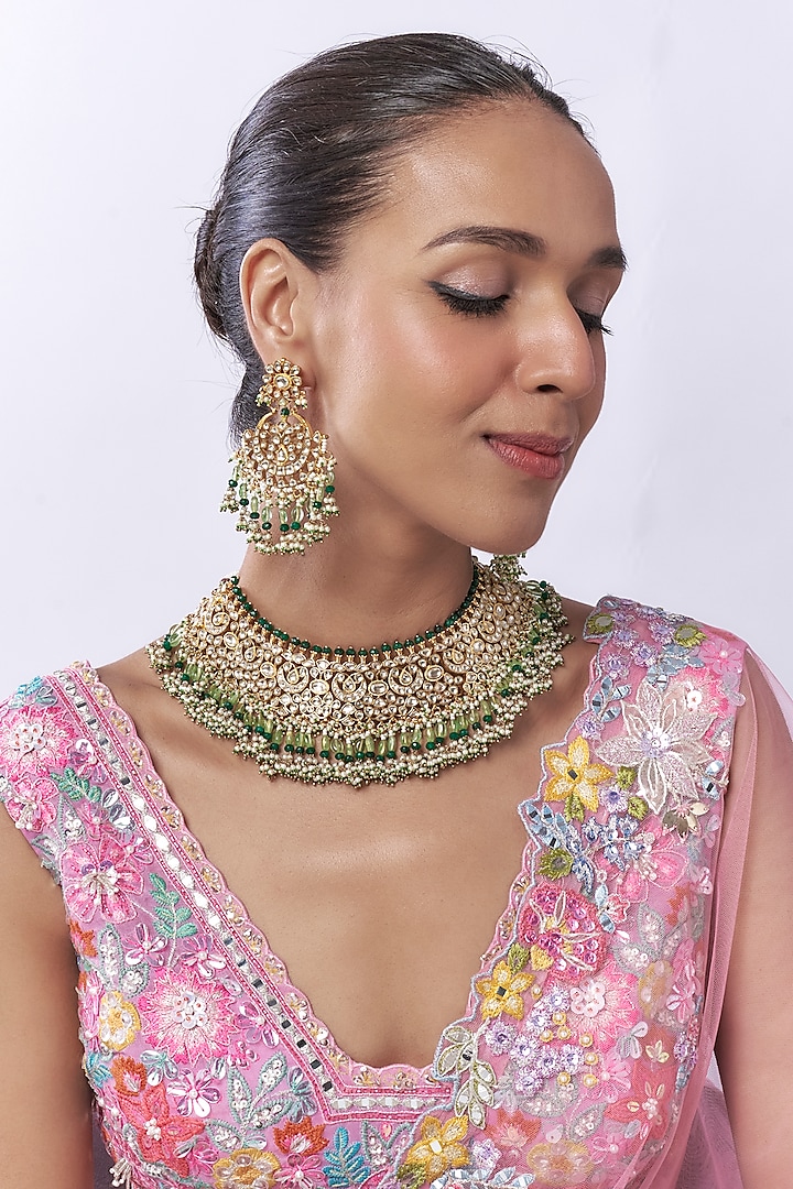 Gold Finish Multi-Colored Moti & White Kundan Polki Choker Necklace Set by Aryah Jewels at Pernia's Pop Up Shop