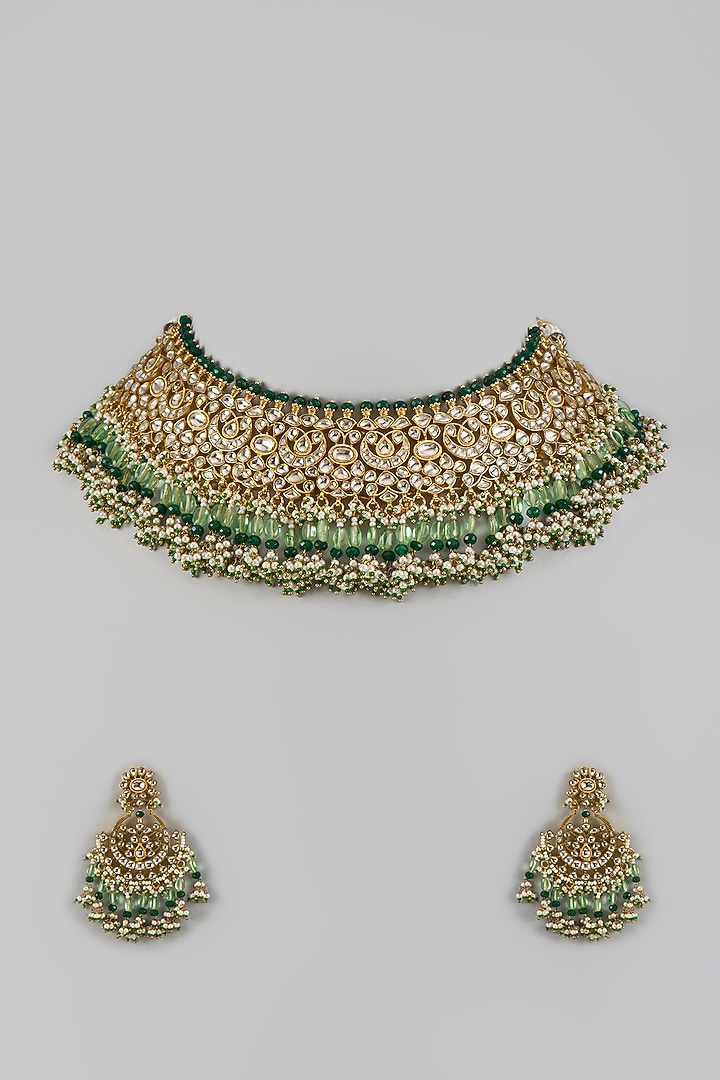 Gold Finish Multi-Colored Moti & White Kundan Polki Choker Necklace Set by Aryah Jewels at Pernia's Pop Up Shop