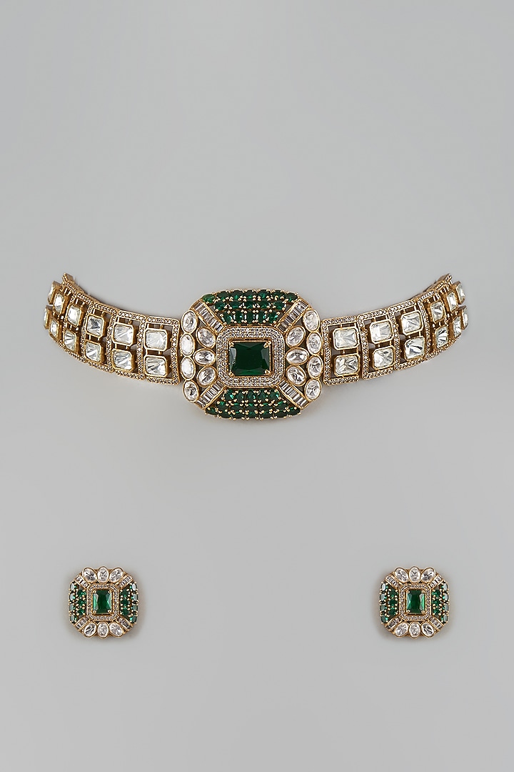 Gold Finish Uncut Zircon & Emerald Green Stone Choker Necklace Set by Aryah Jewels at Pernia's Pop Up Shop