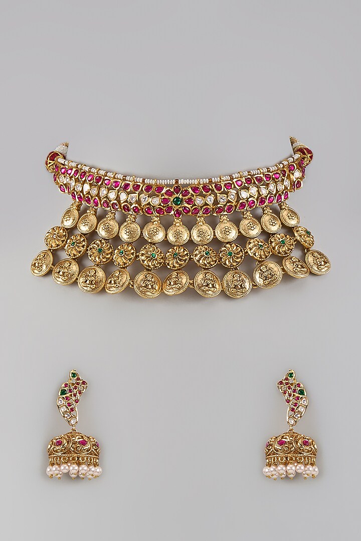 Gold Finish Zircon & Emerald Stone Choker Necklace Set by Aryah Jewels at Pernia's Pop Up Shop