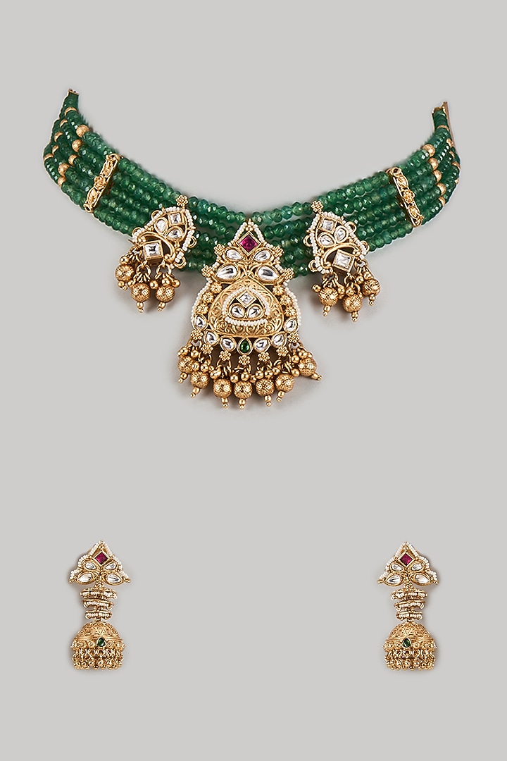 Gold Finish Zircon & Emerald Green Beaded Choker Necklace Set by Aryah Jewels at Pernia's Pop Up Shop