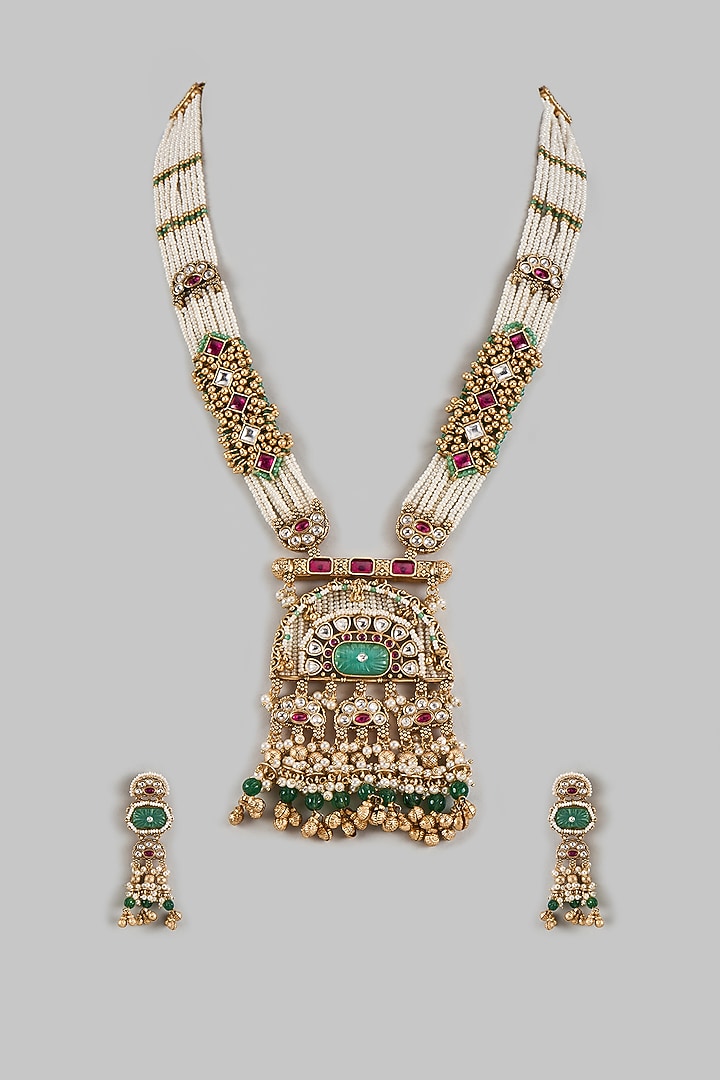 Gold Finish Uncut Zircon & Synthetic Green Stone Jadtar Pendant Necklace Set by Aryah Jewels at Pernia's Pop Up Shop