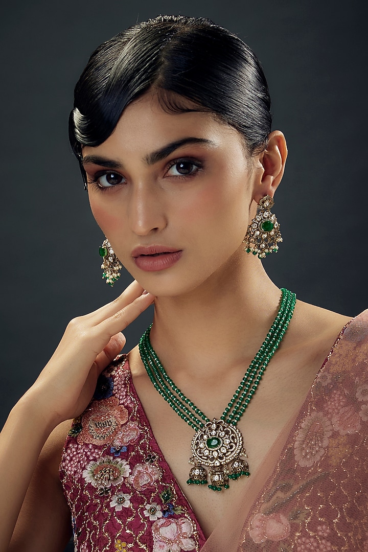 Victorian Finish Zircon & Green Beaded Pendant Necklace Set by Aryah Jewels at Pernia's Pop Up Shop