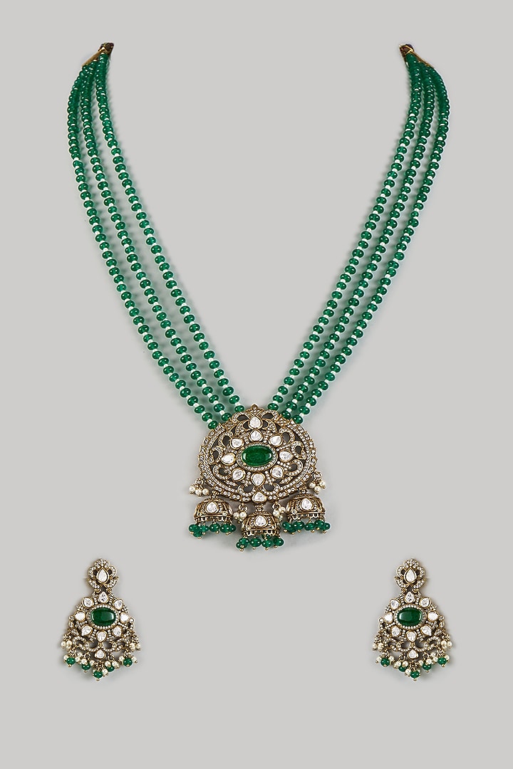 Victorian Finish Zircon & Green Beaded Pendant Necklace Set by Aryah Jewels at Pernia's Pop Up Shop