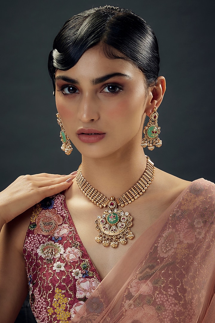 Gold Finish Uncut Zircon & Pearl Temple Choker Necklace Set by Aryah Jewels at Pernia's Pop Up Shop