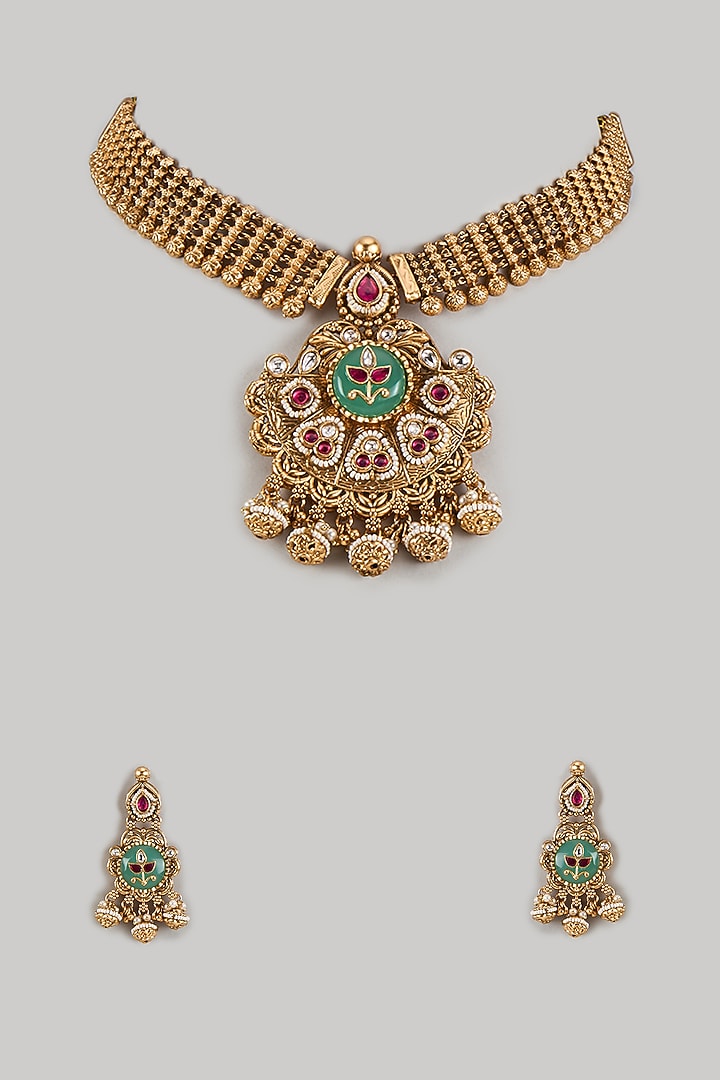 Gold Finish Uncut Zircon & Pearl Temple Choker Necklace Set by Aryah Jewels at Pernia's Pop Up Shop