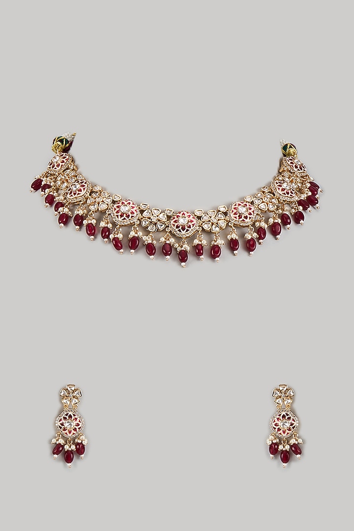 Gold Finish Uncut Zircon & Pearl Enameled Choker Necklace Set by Aryah Jewels at Pernia's Pop Up Shop