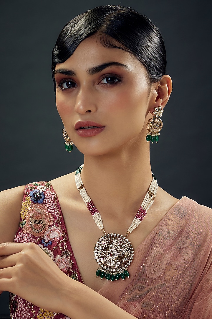 Victorian Finish Uncut Zircon & Emerald Green Beaded Pendant Necklace Set by Aryah Jewels at Pernia's Pop Up Shop
