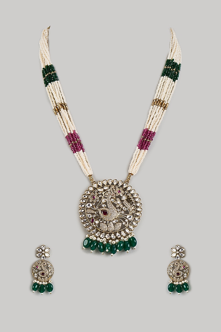 Victorian Finish Uncut Zircon & Emerald Green Beaded Pendant Necklace Set by Aryah Jewels at Pernia's Pop Up Shop