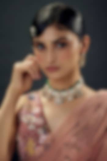 Gold Finish Uncut Zircon & Green Beaded Temple Choker Necklace Set by Aryah Jewels at Pernia's Pop Up Shop