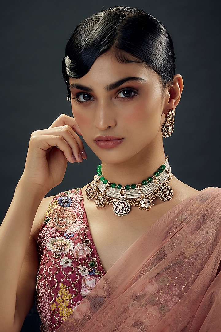 Gold Finish Uncut Zircon & Green Beaded Temple Choker Necklace Set by Aryah Jewels at Pernia's Pop Up Shop