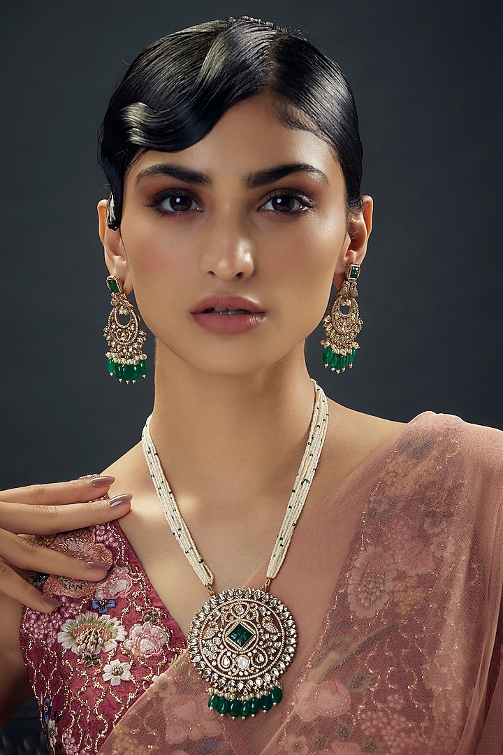 Victorian Finish Uncut Zircon & Emerald Green Beaded Pendant Necklace Set by Aryah Jewels at Pernia's Pop Up Shop