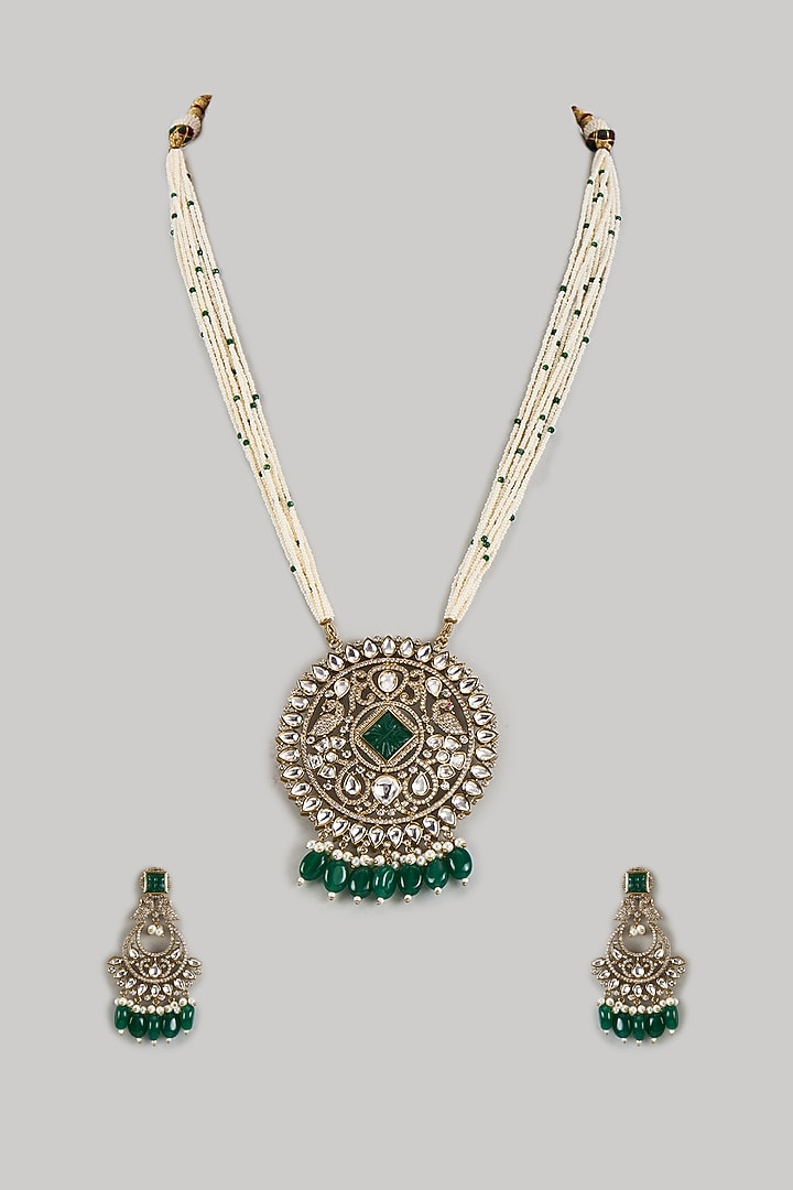 Victorian Finish Uncut Zircon & Emerald Green Beaded Pendant Necklace Set by Aryah Jewels at Pernia's Pop Up Shop