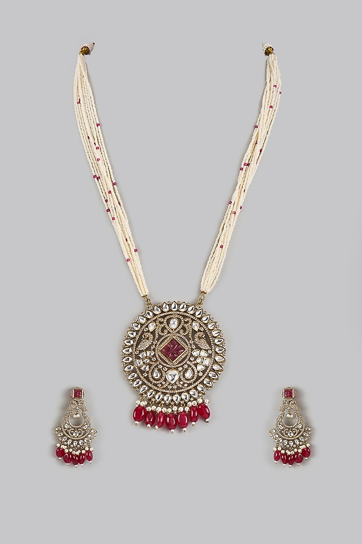 Victorian Finish Uncut Zircon & Ruby Red Stone Jadtar Pendant Necklace Set by Aryah Jewels at Pernia's Pop Up Shop
