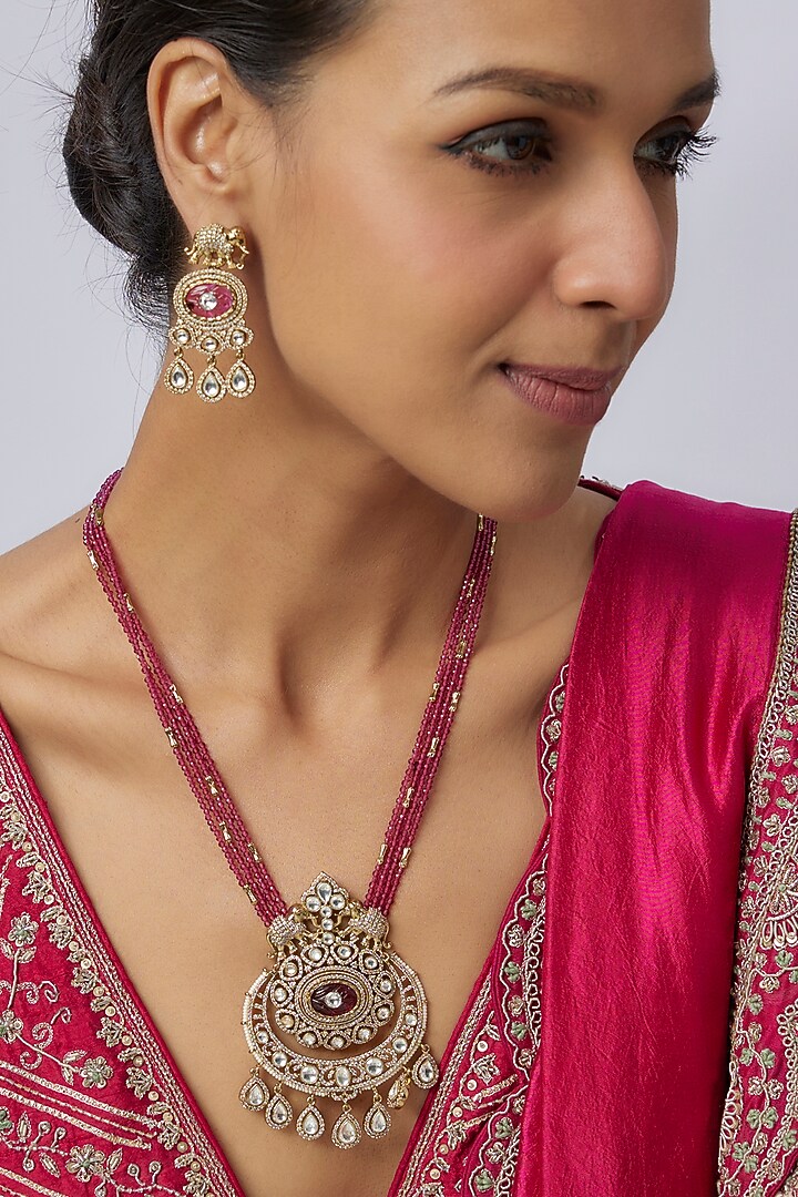 Victorian Finish Uncut Zircon & Ruby Beaded Pendant Necklace Set by Aryah Jewels at Pernia's Pop Up Shop