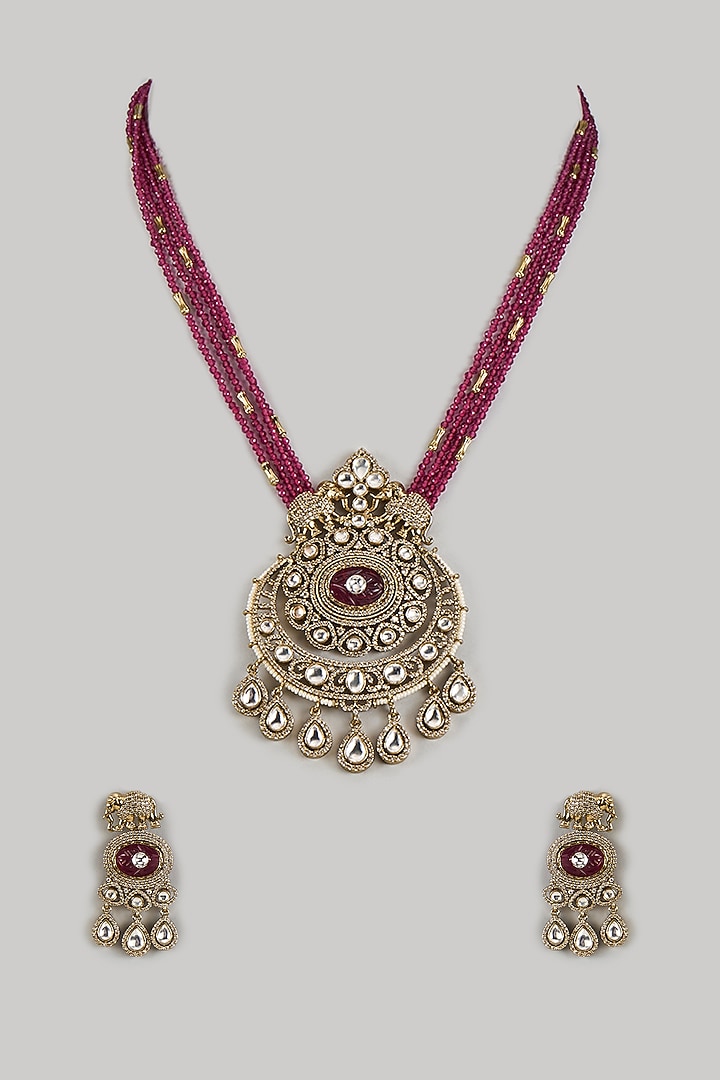 Victorian Finish Uncut Zircon & Ruby Beaded Pendant Necklace Set by Aryah Jewels at Pernia's Pop Up Shop