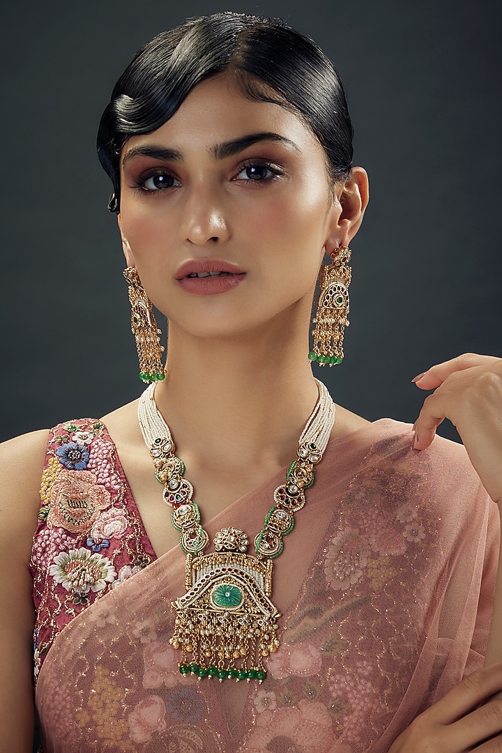 Gold Finish Uncut Zircon & Emerald Beaded Jadtar Long Necklace Set by Aryah Jewels at Pernia's Pop Up Shop