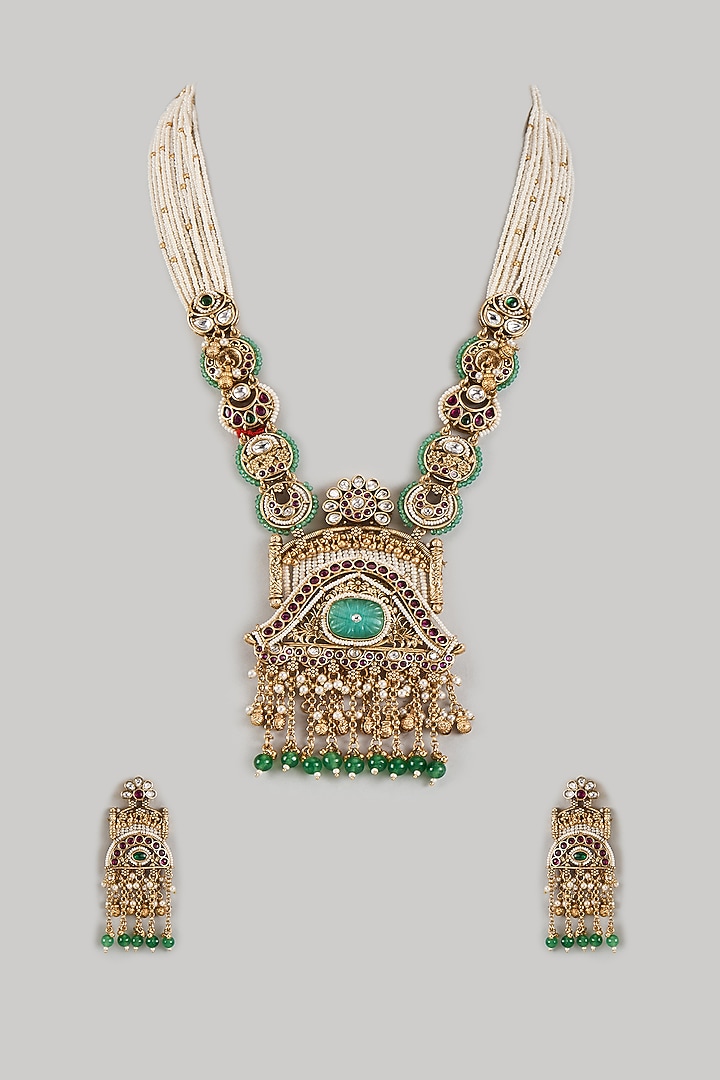 Gold Finish Uncut Zircon & Emerald Beaded Jadtar Long Necklace Set by Aryah Jewels at Pernia's Pop Up Shop