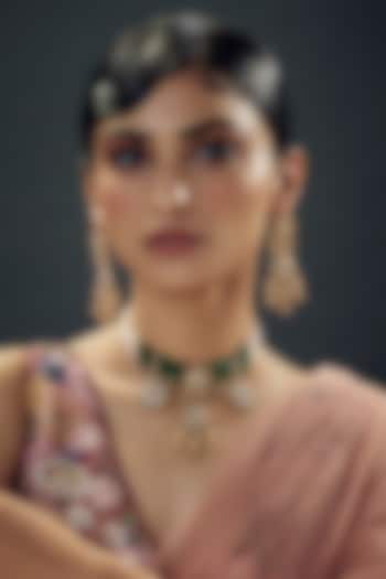 Gold Finish Uncut Zircon & Green Beaded Temple Choker Necklace Set by Aryah Jewels at Pernia's Pop Up Shop