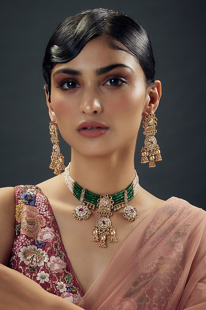 Gold Finish Uncut Zircon & Green Beaded Temple Choker Necklace Set by Aryah Jewels at Pernia's Pop Up Shop